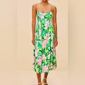 NWT Farm Rio Green Painted Flowers Lenzing Ecover Euroflax Midi Dress